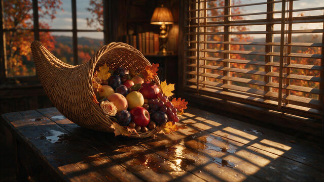 Wicker cornucopia overflowing with autumn fruits like apples, pears, and grapes on a wooden table by a window in warm sunset light. Cozy Thanksgiving holiday mood.