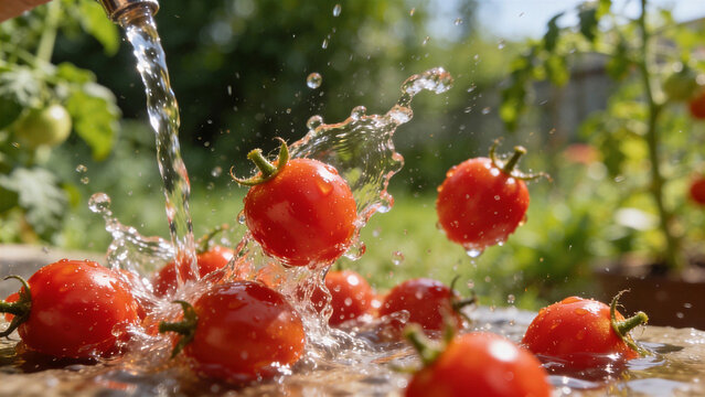 Ripe red cherry tomatoes being washed with splashing water outdoors in garden for Thanksgiving autumn harvest preparation. Fresh organic food concept.