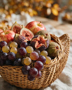 Detailed close-up macro of fresh sliced figs, juicy grapes with water droplets, and apples in a wicker cornucopia basket. Autumn harvest Thanksgiving food concept.