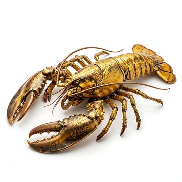 A detailed, realistic golden lobster sculpture with intricate shell textures and metallic sheen, captured in a studio setting isolated on white background