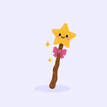 Cute Star Magic Wand with Pink Bow and Sparkles on Light Purple Background