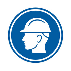 Fototapeta premium Hard hat mandatory safety sign blue circle profile head icon.