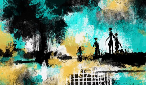 Abstract illustration depicting silhouetted people in an expressive landscape with bold textures and vibrant turquoise, black and ochre tones