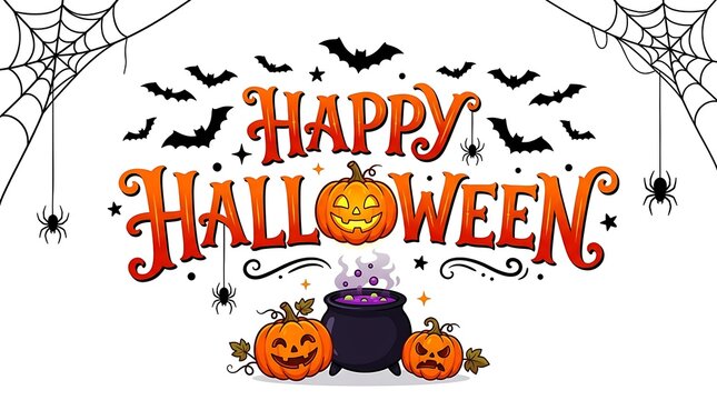 Festive happy halloween typography design featuring carved pumpkins a witch cauldron bats and spider webs on a clean white background