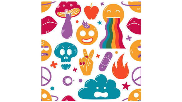 Seamless pattern of quirky pop art doodles including emojis skulls and magic mushrooms