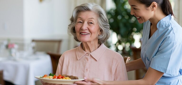 A warm meal served by a caring aide to an elderly woman in a cheerful assisted living dining space.