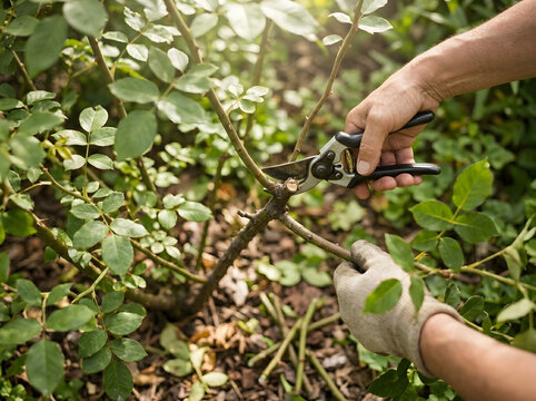 Gardener Pruning Rose Bush with Pruning Shears | Hands Trimming Rose Branches in Garden | Close Up Spring Garden Pruning Concept | Tree Branch Trimming with Secateurs