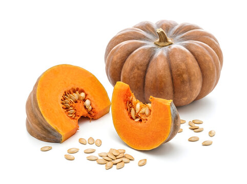Whole and Cut Pumpkin Slices with Seeds | Fresh Raw Pumpkin Slices on White Background | Ripe Autumn Pumpkin Cut Open with Seeds | Organic Harvest Pumpkin Slices Isolated