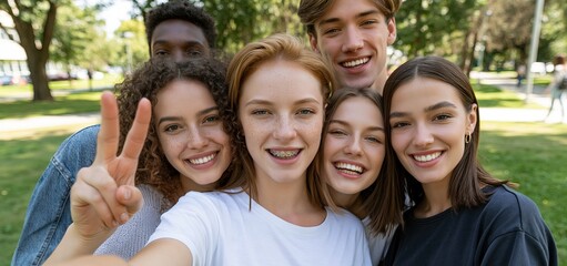 Obraz premium Multiethnic college students enjoying a lively selfie outdoors, expressing happiness and camaraderie on campus.