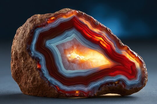 A brightly lit agate geode showcasing vibrant red bands. Ideal for.