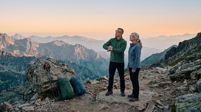 Hiker checking waypoint on smartwatch on mountain ridge trail