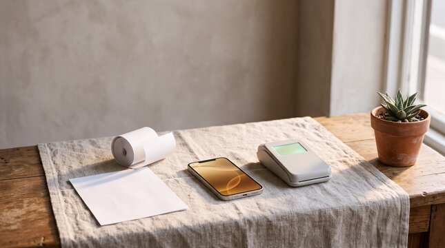 Shop counter in evening light with card reader and smartphone