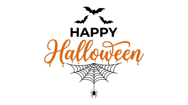 Happy halloween greeting card design with elegant orange typography bats and spider web elements on a clean white background for celebration