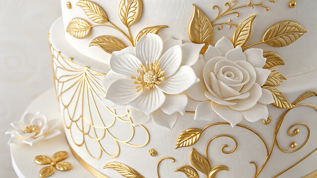 Elegant white wedding cake decorated with gold metallic flowers
