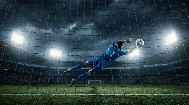 Goalkeeper makes a flying save in a stadium under bright floodlights.