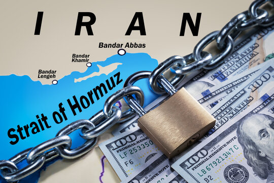 Global map showing Strait of Hormuz region with padlock, chain overlay and dollars  A symbolic representation of a blockade in the Strait of Hormuz, economic crisis.