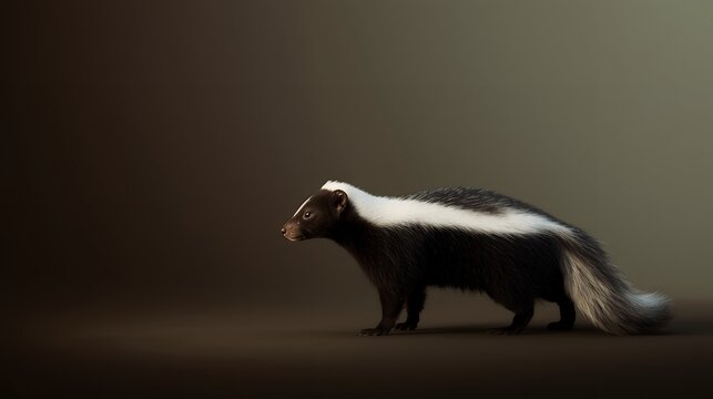 Realistic Striped Skunk Wildlife Portrait Standing Against Dark Studio Background