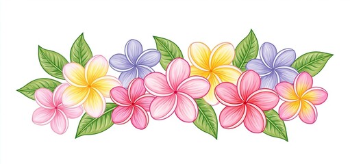Fototapeta premium Plumeria flowers in soft pastel tones paired with lush green leaves create a vibrant tropical floral arrangement.