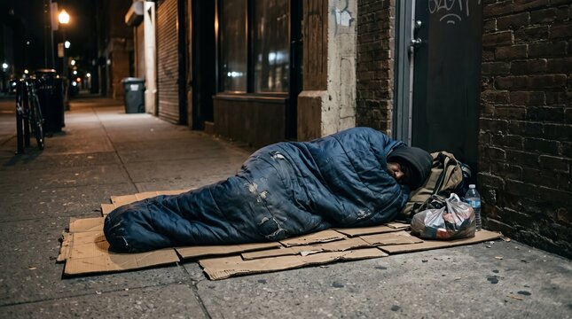 Single homeless person sleeping in a worn sleeping bag beside flattened cardboard on a quiet city sidewalk, muted streetlights, conveying financial hardship, unemployment, housing insecurity