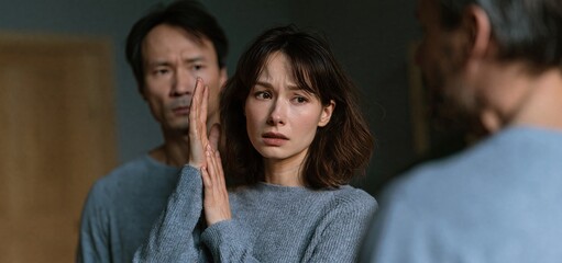 Fototapeta premium A frightened woman protects herself from an angry partner in a dimly lit room, highlighting domestic violence awareness.