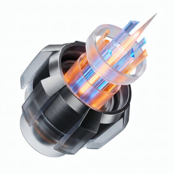 3D render of a futuristic quantum thruster core with glowing orange and blue light rays for energy acceleration concept, AI generated