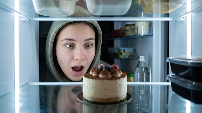 A person is staring with wide eyes at a cake placed inside a refrigerator. The lights inside the fridge illuminate the scene. The setting is a kitchen, and it is evening