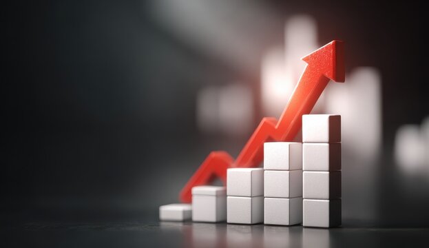 A conceptual image showing a rising red arrow on top of white stacked blocks representing business growth and financial success in a company