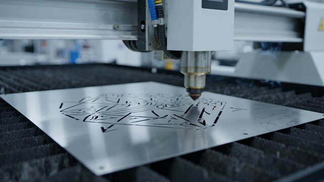 CNC Laser Cutting Metal Sheet with Bright Sparks in Modern Industrial Factory