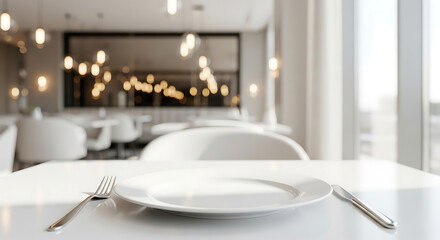 Fototapeta premium Empty plate with fork and knife on a table in a modern restaurant