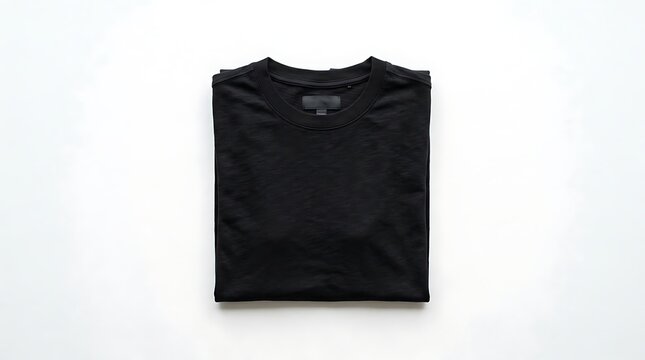 Top View of a Neatly Folded Black Cotton T-shirt Isolated on White Background for Apparel Mockup
