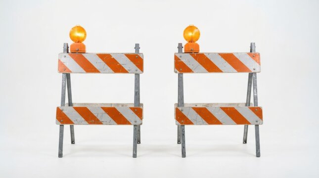 Two construction barricades with orange warning lights isolated on white background