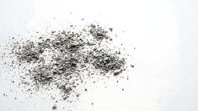 Scattered Gray Burnt Ash and Charcoal Particles on a Minimalist White Surface Background Close Up