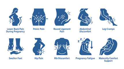 Fototapeta premium Set of pregnancy discomfort icons illustrating common body pains and physical fatigue issues.