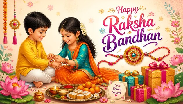 Happy Raksha Bandhan greeting banner with cute Indian sister tying rakhi on brother wrist, pooja thali, large rakhi, and floral decor, cartoon vector ... See More