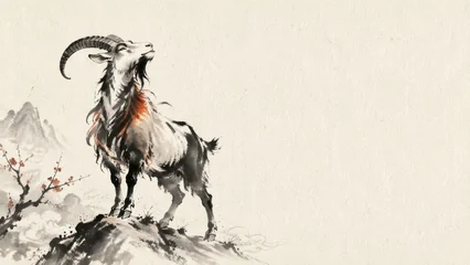 Chinese New Year 2027 Goat Zodiac Ink Wash Painting with Plum Blossoms, Mountain Landscape and Copy Space on Textured Paper. AI generative © viking75