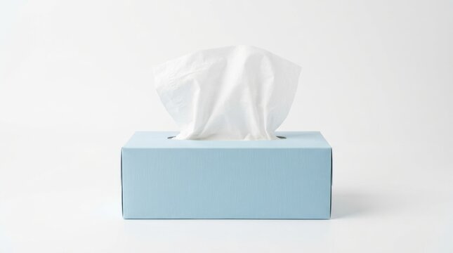 A light blue tissue box with a single white tissue pulled out isolated on white background