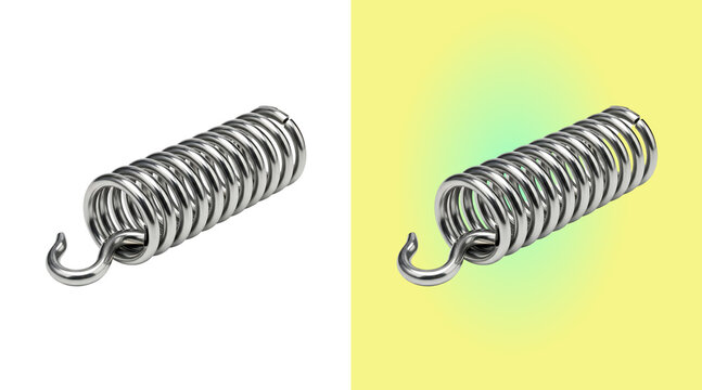 Metallic silver coil spring with hooks at both ends isolated on a white background, for industrial or, mechanical hardware applications isolated on a transparent background