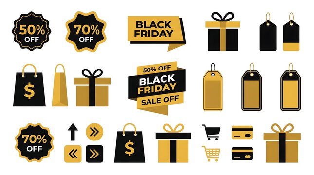 Premium Black Friday sale vector collection featuring discount badges, shopping bags, gift boxes, price tags, shopping cart, credit card, and promotional labels in elegant black and gold colors.