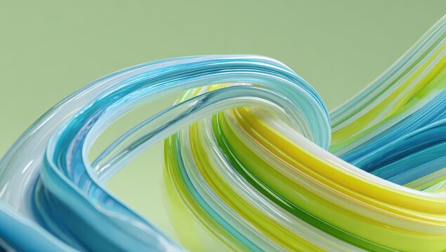 Abstract background featuring flowing ribbons of blue and yellow liquid paint creating a dynamic swirl effect against a soft light green backdrop