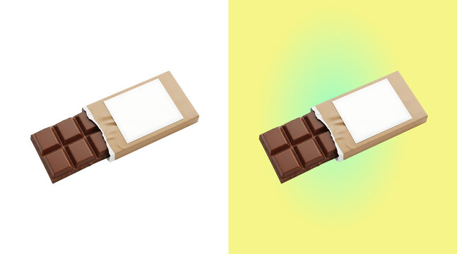 Milk chocolate bar with a partially opened brown paper wrapper, isolated on a white background, showing segments of smooth cocoa candy isolated on a transparent background