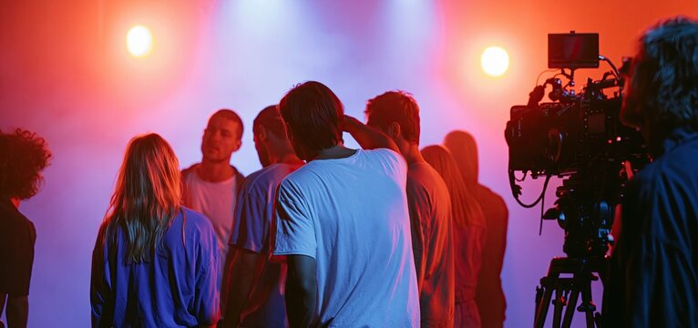 On a colorful film set, a crew captures lively scenes and directs movie production for entertainment promotion.
