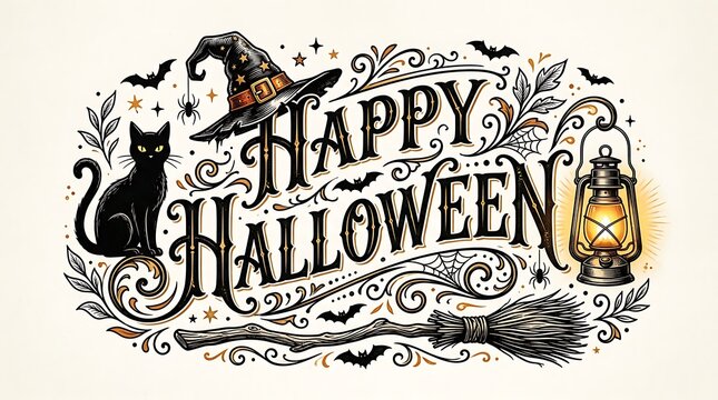 Vintage style happy halloween greeting card design featuring a black cat witch hat bats and an old lantern illustration