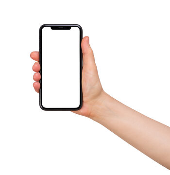 Hand holding smart phone with blank screen isolated on transparent or white background
