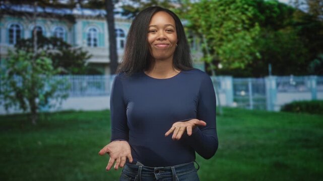 Woman presenting open palms with a slight smirk in front of building on a grassy lawn, wearing navy long sleeve top and jeans; playful confidence.