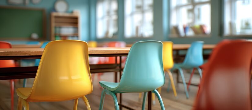 A bright and colorful elementary school classroom with empty chairs arranged around wooden tables in a sunny room for young students learning