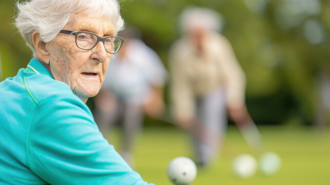 Elderly individuals enjoying a game of lawn bowls on a sunny day, highlighting a sense of community, social bonding, and light sporting activity in a relaxed and friendly outdoor setting.