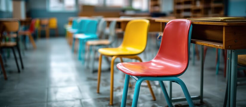 Rows of colorful plastic school chairs and wooden desks arranged in an empty elementary classroom setting during the quiet summer break period
