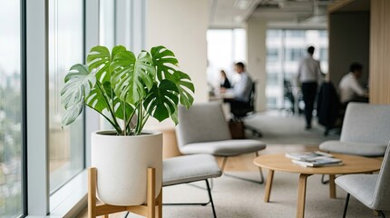 Fototapeta premium Monstera Plant in Modern Office Lounge Area with Blurred Coworkers and Natural Light