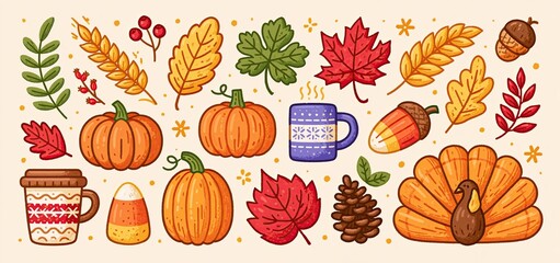Fototapeta premium A warm beige background showcases autumn decorations including pumpkins, leaves, and cozy fall elements ideal for Thanksgiving.