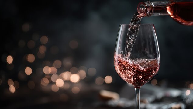 A glass of red wine being poured from a bottle in a dimly lit setting with soft golden bokeh lights in the background